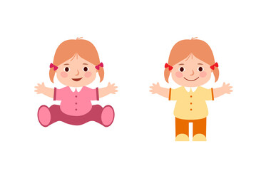 Icon of Doll sits and stands. Kid is standing there pulling his hands and smiling.