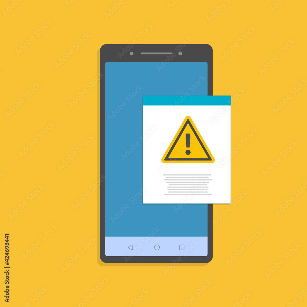 Poster document with alert or error notification bubble on mobile phone or cellphone, flat cartoon paper te