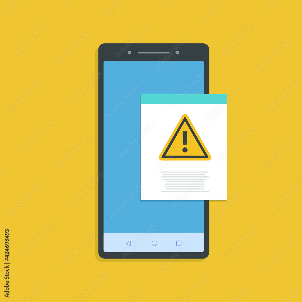 Poster document with alert or error notification bubble on mobile phone or cellphone, flat vector paper tex