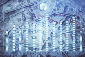 Multi exposure of forex chart drawing over us dollars bill background. Concept of financial success markets.