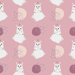 Seamless pattern with cartoon llama (alpaca) with unicorn horn.  Baby background for wrapping paper,  greeting cards, design. Funny little alpaca