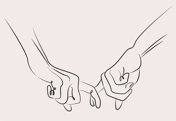 A minimalistic linear image of two hands with intertwined fingers. Symbolizes a tender, trusting relationship between lovers or friends. Logo or icon.