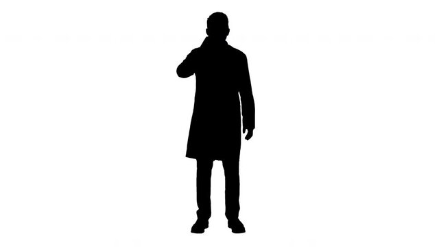 Silhouette Doctor holds a glass COVID-19 coronavirus vaccine bottle and nods approvingly.