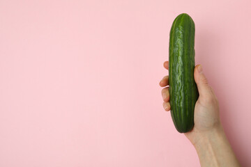 Female hand hold ripe cucumber on pink background