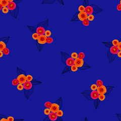 Blue pink orange floral pattern seamless. Bright hand painted flowers on royal blue background. Repeating modern Ditsy fashion print. Surface pattern design for textile, fashion, fabric, wallpaper.