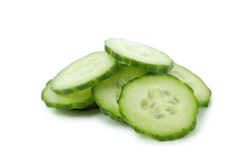 Ripe cucumber slices isolated on white background