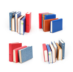 Stack of books in colour covers with white sheets isolated on a white background