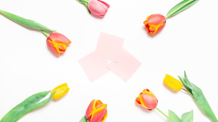 card for copy text next to a bouquet of tulip flowers on natural white background from above. Spring bud bouquet creative frame design.