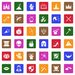 Fantasy Icons. White Flat Design In Square. Vector Illustration.