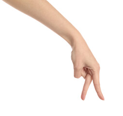 Woman imitating walk with hand on white  background, closeup. Finger gesture