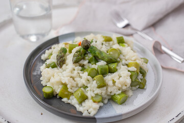 Spring food; Delicious risotto with asparagus and wild garlic