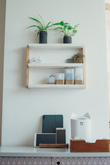 White and wooden shelves furniture and in stylish a room. Dapple light during sunrise. Scandinavian modern korean style.