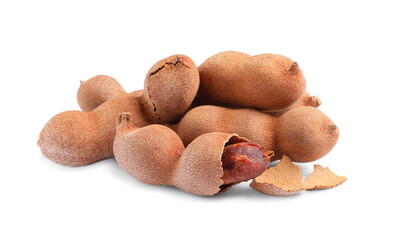 Delicious ripe tamarinds on white background. Exotic fruit