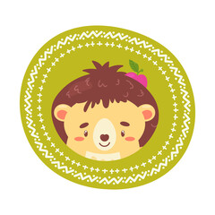 Portrait of a cute hedgehog with an apple in a decorative frame.