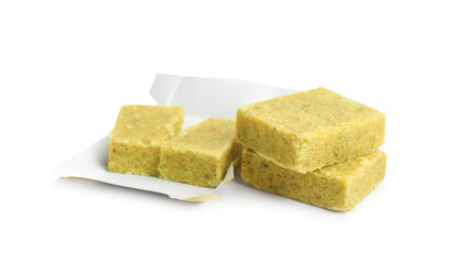 Bouillon cubes on white background. Broth concentrate