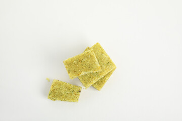 Bouillon cubes on white background, top view