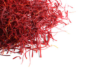 Fototapeta premium Dried saffron on white background, top view