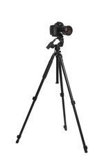 Modern tripod with professional camera isolated on white
