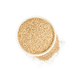 Bowl with quinoa on white background, top view