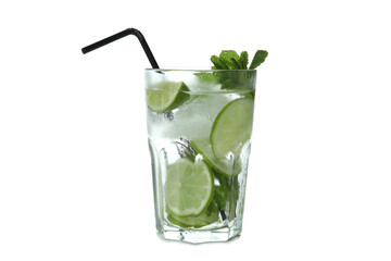 Glass of mojito cocktail isolated on white background