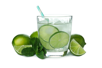 Glass of mojito cocktail and ingredients isolated on white background
