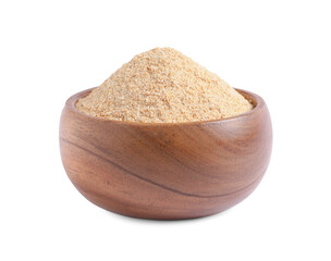 Fresh bread crumbs in wooden bowl isolated on white