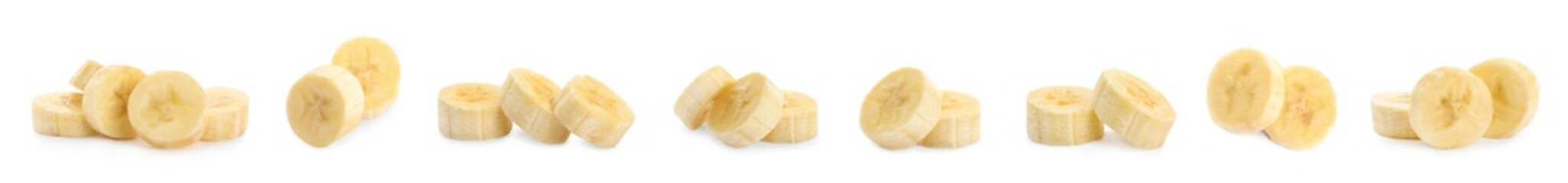 Pieces of tasty ripe banana on white background, collage. Banner design