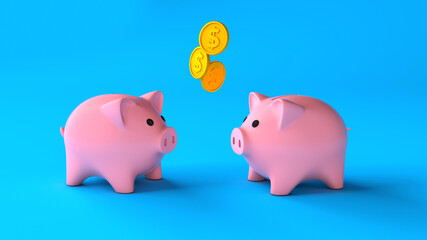 Profit sharing by piggy banks. Two pink piggy banks with gold coins money on a blue background. 3d render