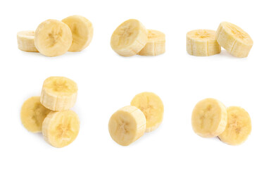Pieces of tasty ripe banana on white background, collage