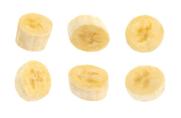 Pieces of tasty ripe banana on white background, collage