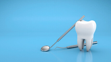 Tooth and dental mirror with hook. Dentist tools. Copy space for text on a blue background. 3d render