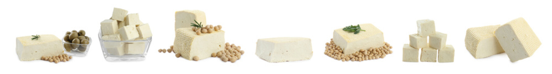 Set with delicious tofu on white background. Banner design