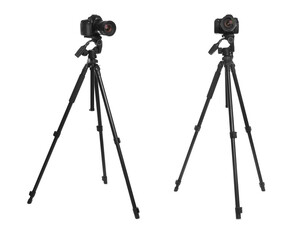 Modern tripods with professional cameras on white background