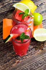 delicious watermelon juice from red watermelons, close up