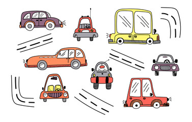 Cute vector set of children's colored car in doodle style and expensive, isolated elements on a white background. Children's car for postcards, banners, posters, gifts, pajamas