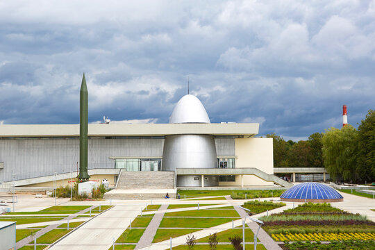 Russia, Kaluga, August 14, 2020. Kaluga Museum of Cosmonautics. Rocket, planetarium dome, park in front of the building, reconstruction, construction of the second line