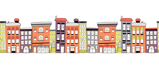 Vector seamless border with colorful cute doodle style houses on a white background, colorful city street. Children's illustration for postcards, packaging, wallpaper, fabrics © Vasia_illi