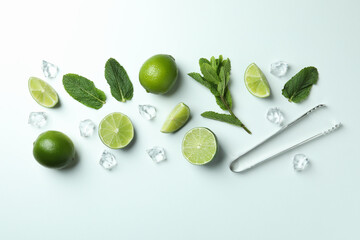 Ingredients for mojito cocktail on white background
