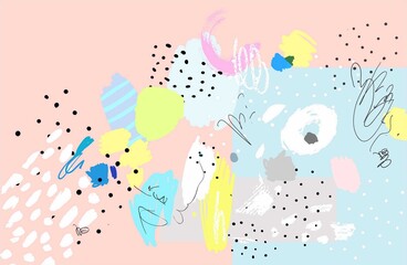 Naive art. Contemporary pattern. Brush, marker, highlight stroke. Abstract background. Vector artwork. Memphis 80s, 90s retro style. Child drawing. Pink, black, blue, green, yellow, gray, white colors
