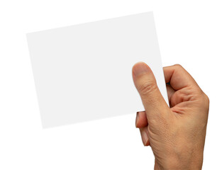 Male or man hand holding a white blank card with fingers isolated on white background including clipping path