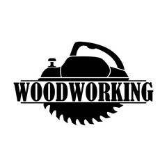 Fototapeta na wymiar Woodworking logo. Electric planer with circular saw blade for wood. Black silhouette. Isolated vector clipart. Drawing on white background.