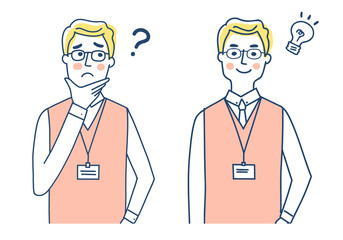 IDカードホルダーを胸に下げた男性　表情2パターン