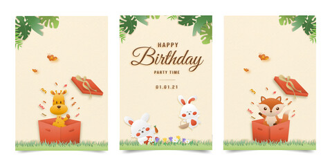 Set banner Invitation birthday greeting card with a cute animal. jungle animals celebrate children's birthday and template invitation papercraft style vector illustration.	