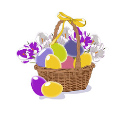 Happy Easter! The basket with eggs and flowers