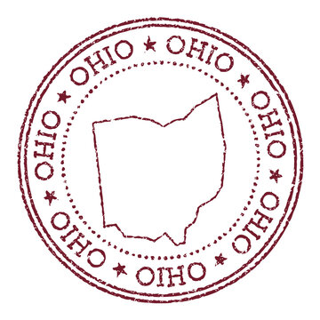 Ohio round rubber stamp with us state map. Vintage red passport stamp with circular text and stars, vector illustration.