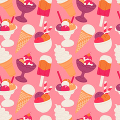 Ice cream desserts seamless pattern vector illustration. Tasty frozen food texture design. Different sorbets, eskimo and waffle cups wrapping.