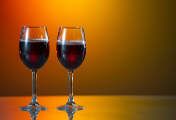 Two glasses of red wine and bottle on the fantastic great background