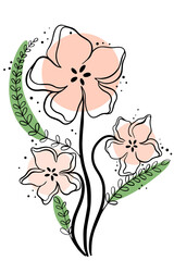 Flower line art isolated vector illustration. Flowers and twigs simple design clipart decoration. Delicate minimalist flower arrangement for design