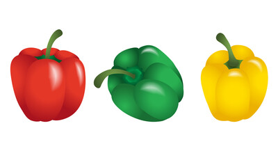 Illustration vectorielle 3D de 3 variétés de poivrons, rouge, vert et jaune dans 3 positions différentes.