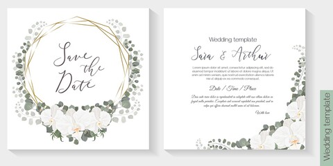 Floral design for wedding invitation. White orchids, eucalyptus, green plants and flowers. Gold polygonal frame.